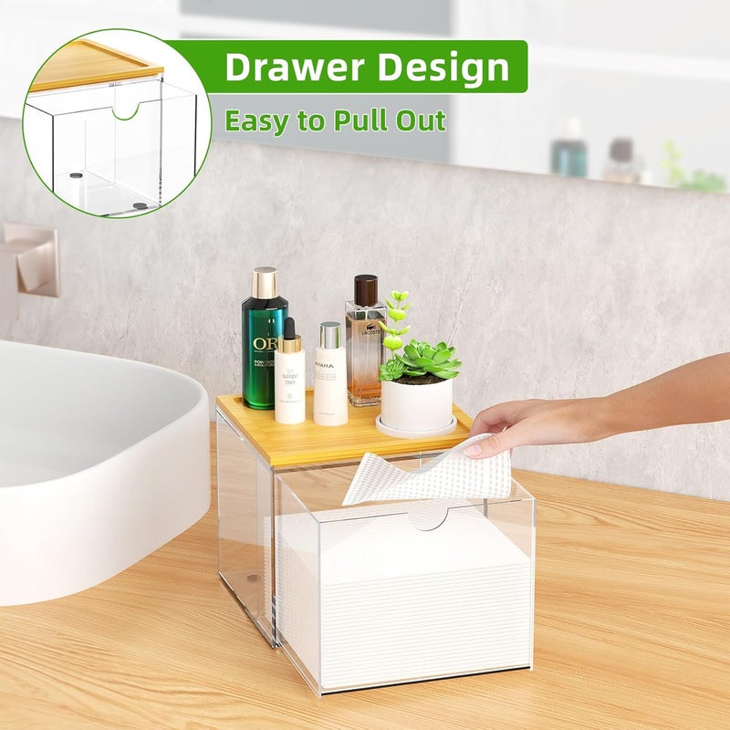 VITVITI Drawer Disposable Face Towel Holder Box, Acrylic Facial Towel Container for XL Clean Skin Club, Large Disposable Face Towels Storage with Bamboo Lid, for Bathroom, Vanity Makeup, Clear - Image 2